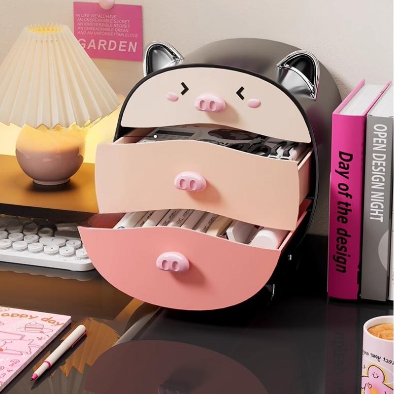 Cute Pig Desktop Storage Box Organizer Cute 2 Drawer Office Work Gadgets Hair Accessories Hairband Hairpin Desk Organizer Racks