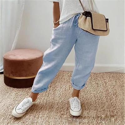 2025 Women's Cotton Linen Casual Elastic Waist Long Pants with Pockets