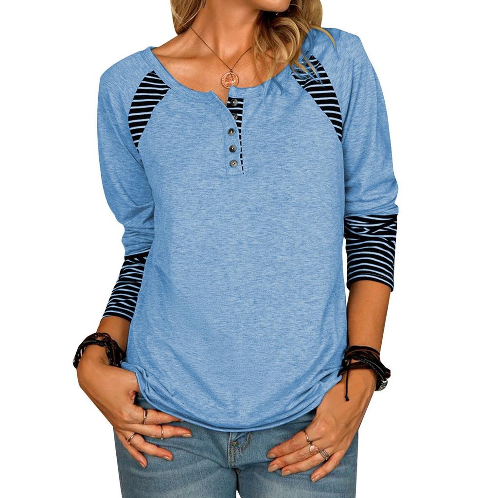Fashion Womens Tops Casual V Neck Tunic Tops Striped Button Pullover Sweatshirt Casual T-shirt Top