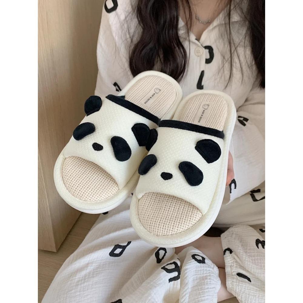 Panda Linen Slippers For Women Man Four Seasons Indoor Anti Slip Soft Sole Cute Stillness Floor Slipper For Couple