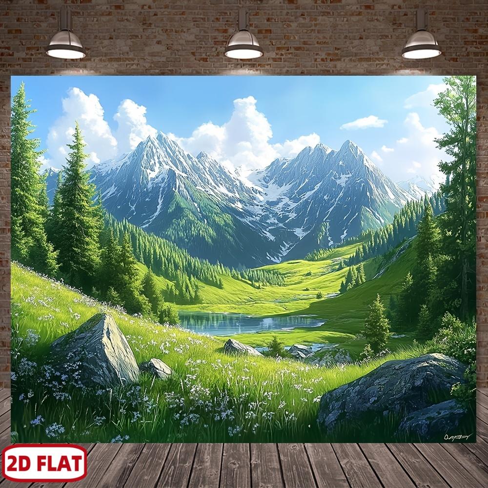 2D Plane Background Fabric of Mountain Forest and River Scenes Featuring Snow-capped Mountains Green Grassland and Blue Sky