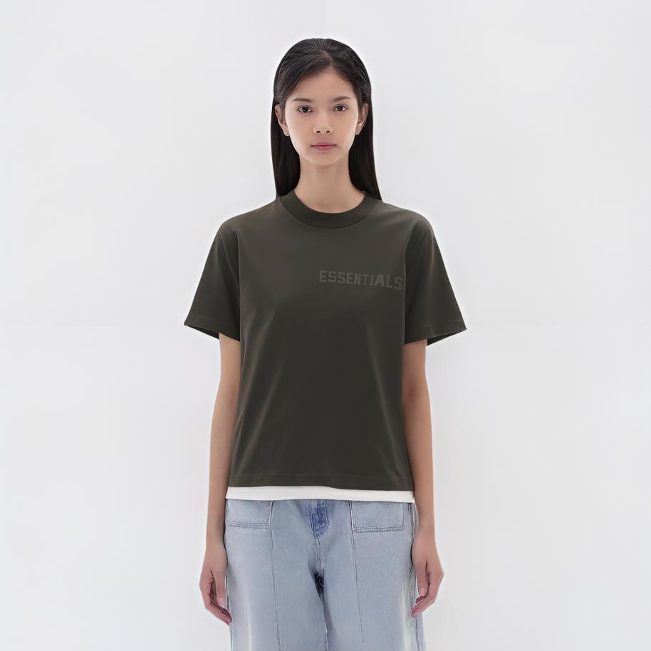 Fear of God Essentials Womens Short Sleeve Tee Off Black Solid Color Letter Logo Print Round Neck Women Tops Gray-Black FOG-FW22-680