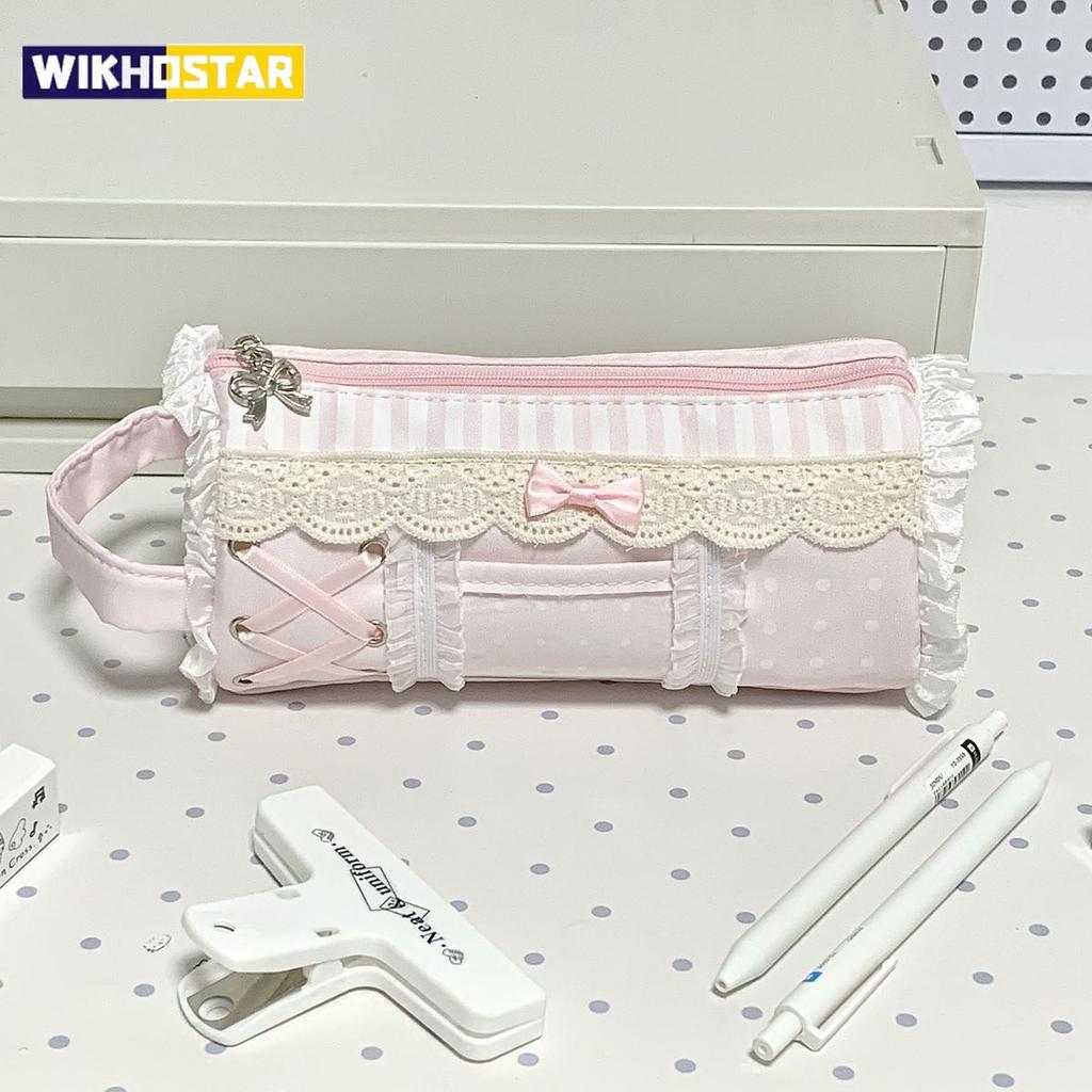 Pink Girl Cute Lace Pencil Case Student Large Capacity Desktop Storage Stationery Pen Bag Cute Girl Makeup Bag Gift