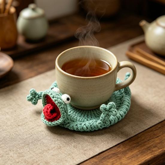 Funny Crochet Lizard Coaster, Handmade Knitted Animal Cup Mat, 3D Flip Design Drink Coaster for Desk, Cute Heat Resistant Table Protector
