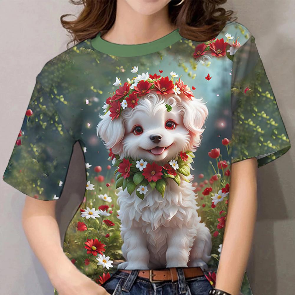 Women's T-Sleeve Contrast Color Puppy Pattern Printing Fashion Casual Y2k Women's Clothing High-Quality Short-Sleeved