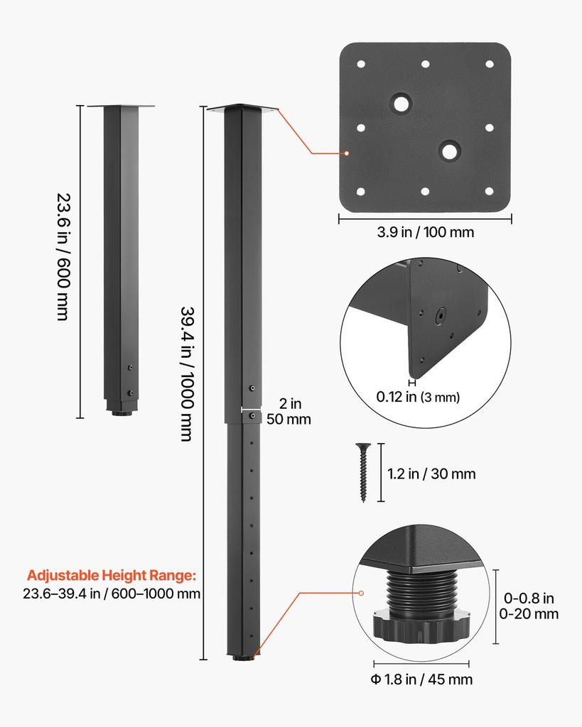 Adjustable Table Legs, 610-1016 Mm Square Steel Furniture Legs, 544 Kg Max Load Heavy Duty, Quick Installation, for Home Office Desk DIY, Coffee