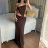 Female Long Elegent Backless Dress Solid Color One Shoulder Spaghetti Strap Sleeveless Dresses for Summer Brown