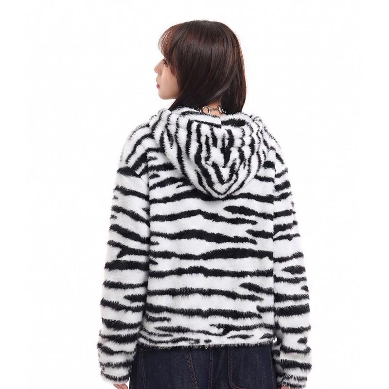 Oreeta Zebra Striped Faux Mink Hoodie Loose Fit Streetwear Teens