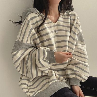 Trendy Korean Style Cotton V-Neck Striped Sweatshirt Women's Hooded Spring Autumn Winter Casual Round Neck Pullover Thin Fleece