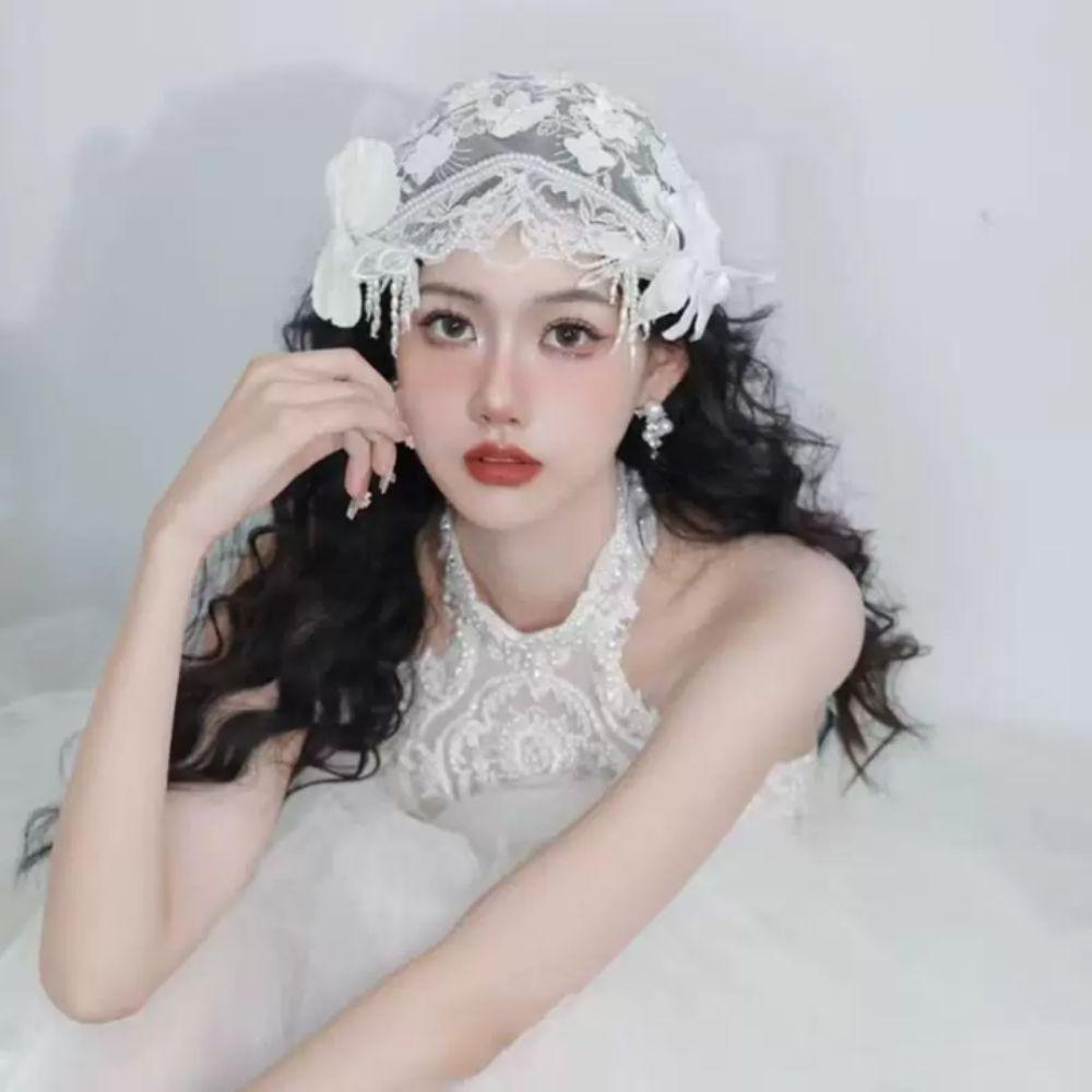 Pearls Beads Bridal Hat Lace Floral Wedding Headwear Vintage Bride Headdress  Hair Jewelry