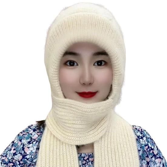 Women Winter Hat with Scarf Thick Warm Plush Windproof Cycling Headwear Solid Color Elastic Full Protection Outdoor Travel Cold Weather Skiing Cap