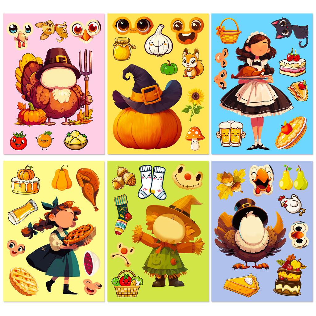 6 Photos/package Thanksgiving DIY Puzzle Face Change Stickers for Children's Educational Toys Pumpkin Turkey Repeat Stickers