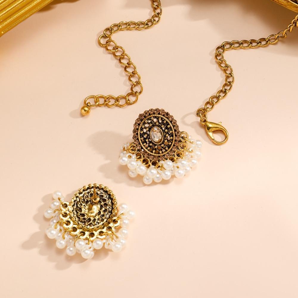 Luxury Retro Jewelry Set Imitation Pearl Choker Necklace Set Rhinestone Necklace Earrings  Ladies