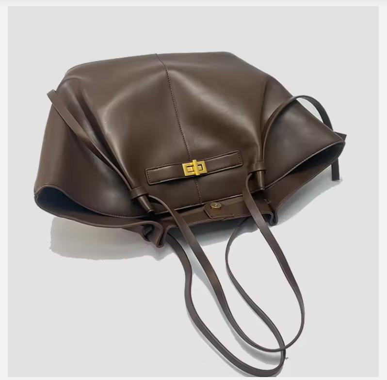 Fashion Large Capacity Trapeze Women Shoulder Bags Designer Metal Lock Handbags High-Quality Pu Leather Big Tote Commute Bag