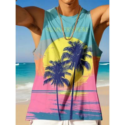 Top Estivo Girocollo con Stampa 3D Foglia di Palma alla Moda Casual Hawaiano da Spiaggia Gilet Senza Maniche Magliette da Uomo
