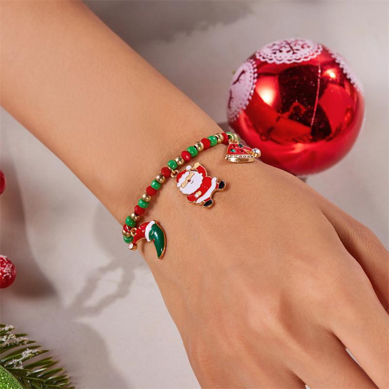 Christmas Bead Bracelet For Women With Santa Snowman Charms In Festive Gift Box