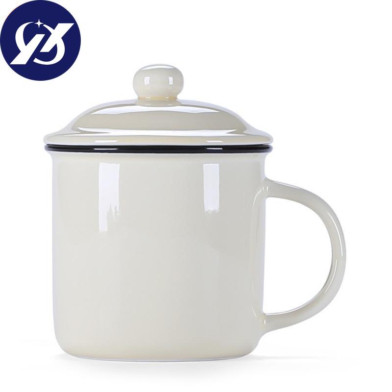 400ml Vintage Enamel Coffee Mug with Lid Ceramic Milk Mug Pigmented Tea Cup Office Water Cup Drinkware