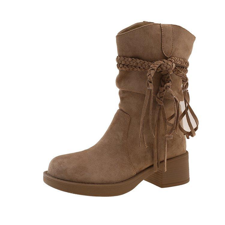 Kuskinnversjon~ retro ødemark frynsete ridestøvler tykk hæl men knelang støvler slank pile mellomhøye støvler kvinner