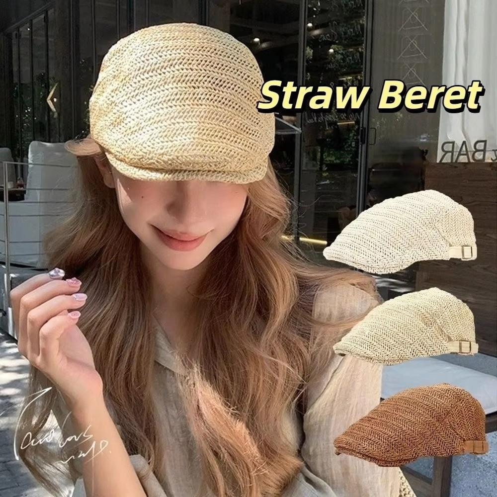 Stylish Hollow Design Straw Beret Adjustable Breathable Newsboy Cap Sun Protection Ivy Cap Unisex
