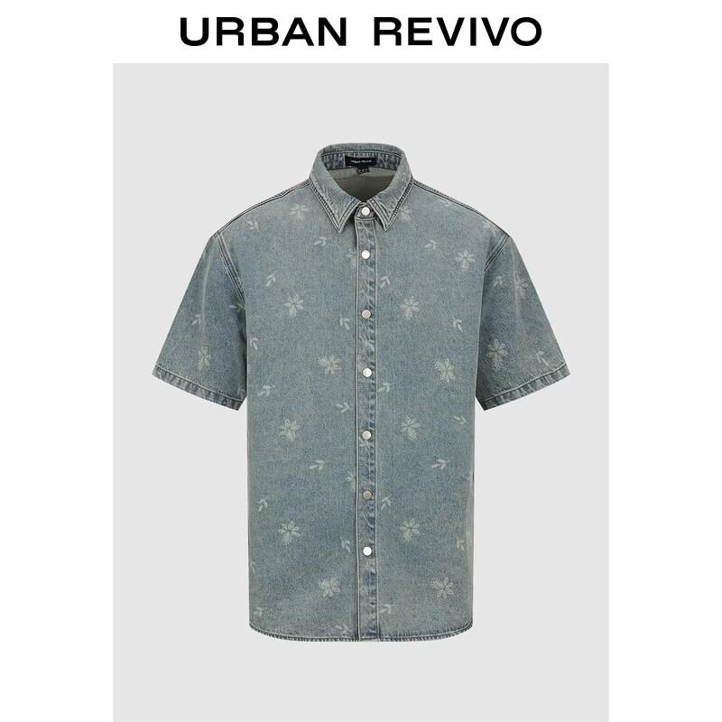 UR2026 Men s Plant Print Washed Denim Shirt XL