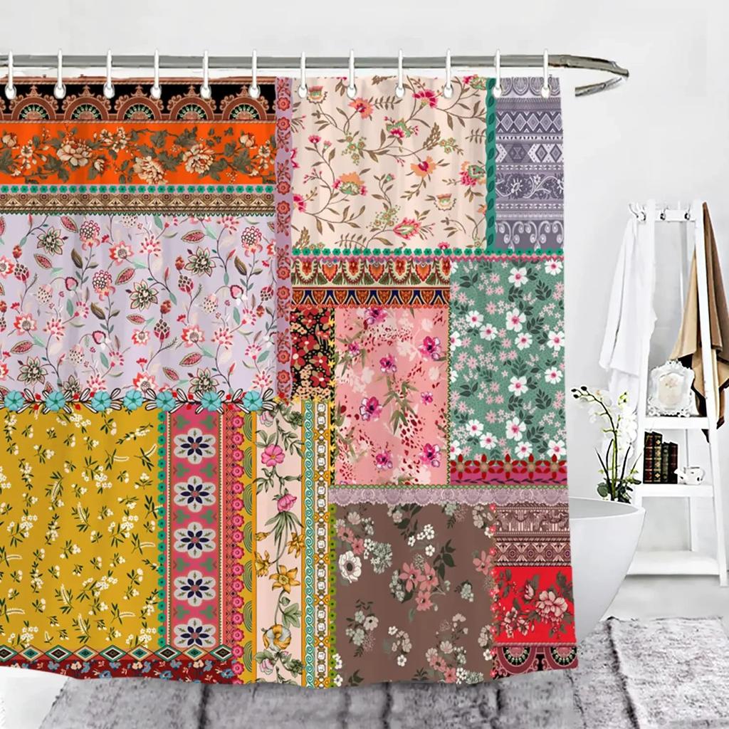 Perdele de duș cu imprimeu boem Patchwork pentru baie, perdea de duș vintage florală colorată, căzi de baie, ecran textil impermeabil