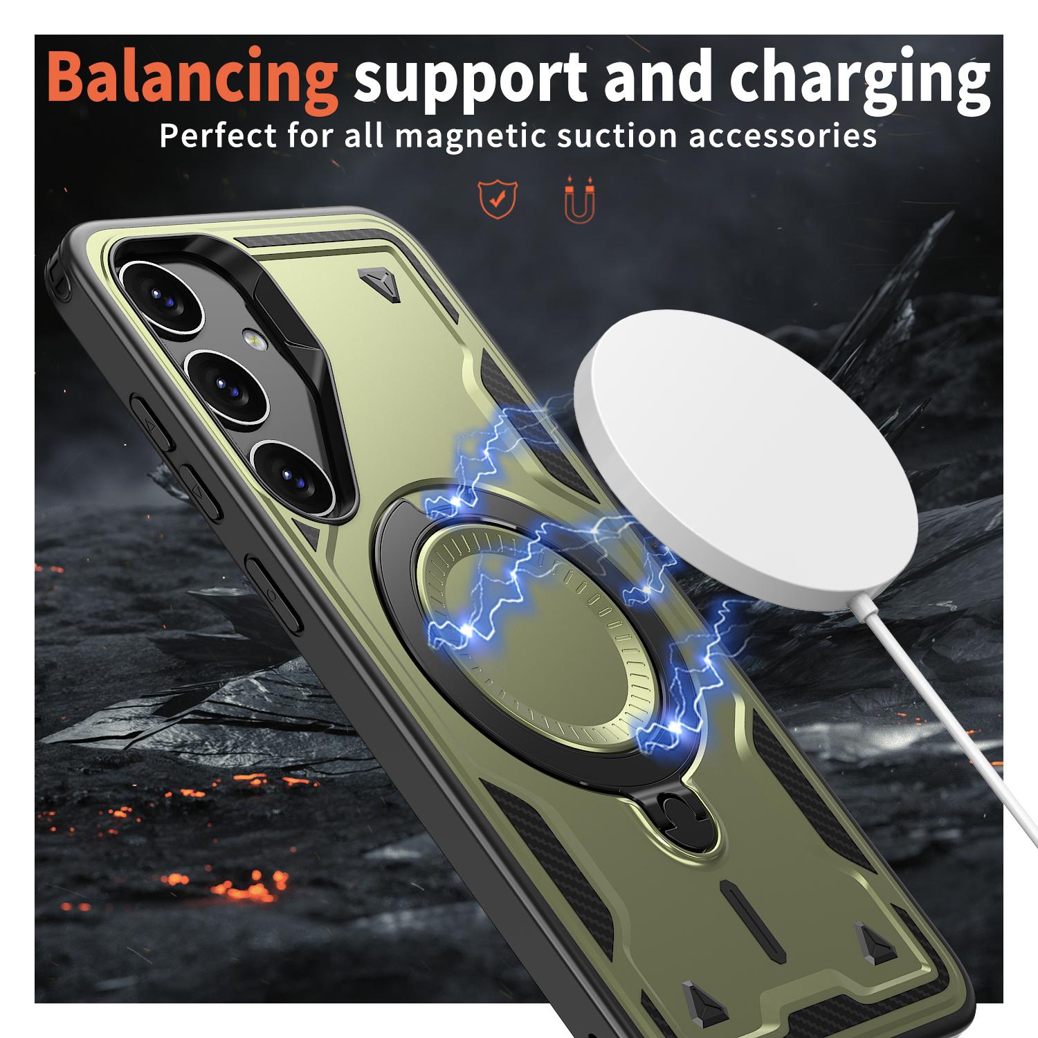 

For Samsung Galaxy S24 FE Case Compatible with MagSafe Military Protection PC+TPU Kickstand Phone Cover Olive Green
