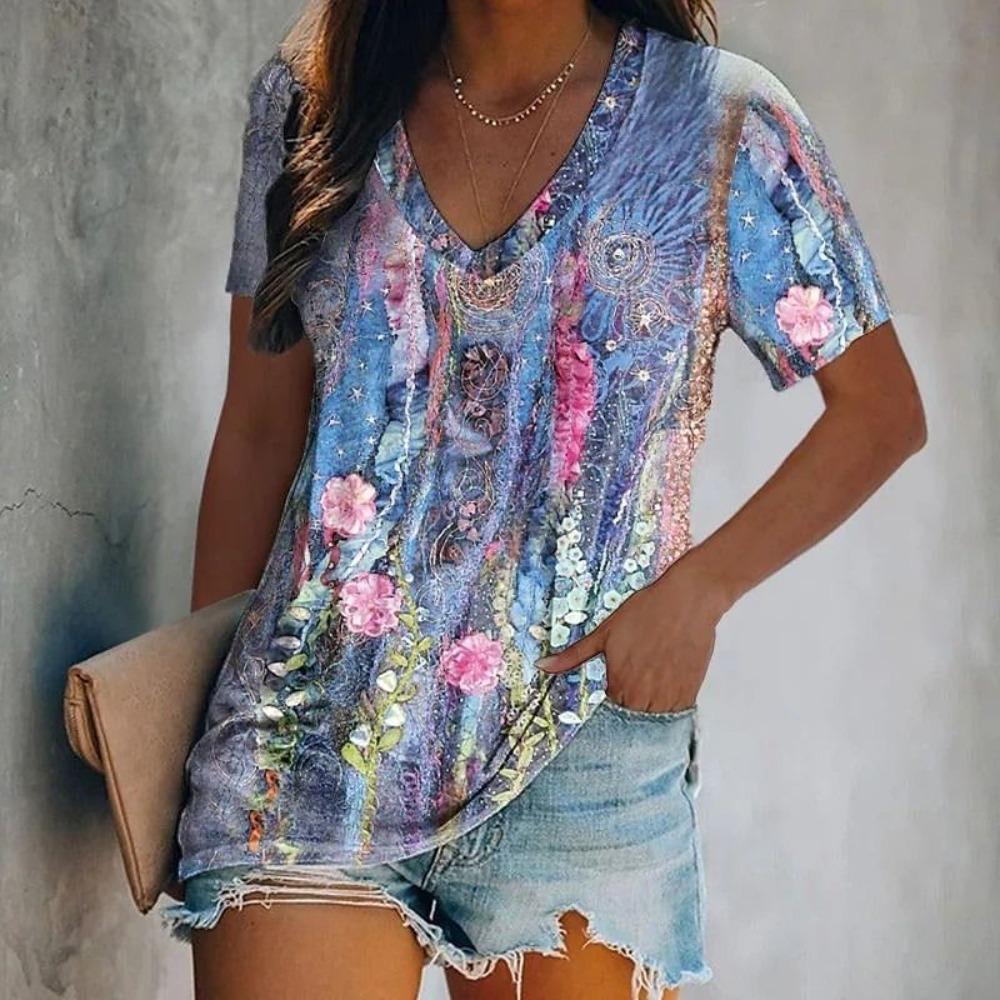 Summer new women's T-shirt 3d gorgeous butterfly print V-neck short-sleeved shirt fashion women's T-shirt