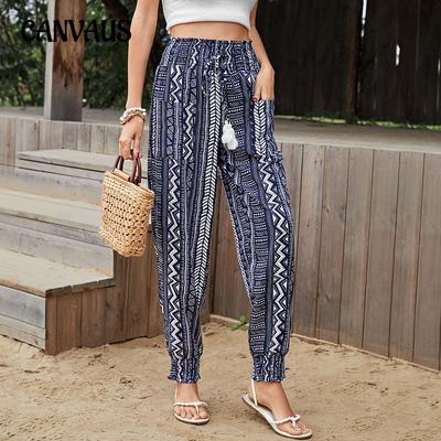 Summer Women Pant Pocket Long Pants Ethnic High Waist Printed Pants