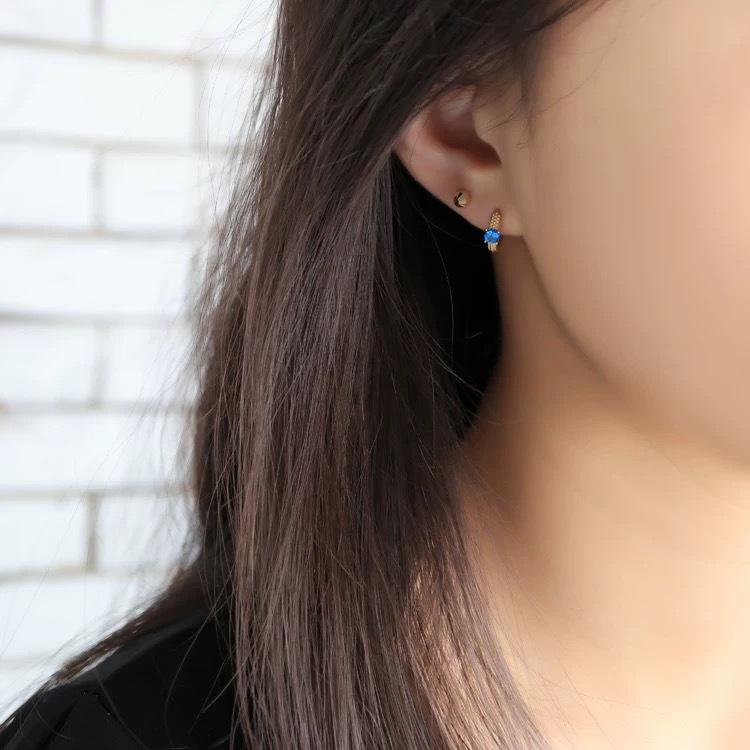 14K Gold Plated S925 Sterling Silver Blue Zircon Four-Prong Earrings for Women
