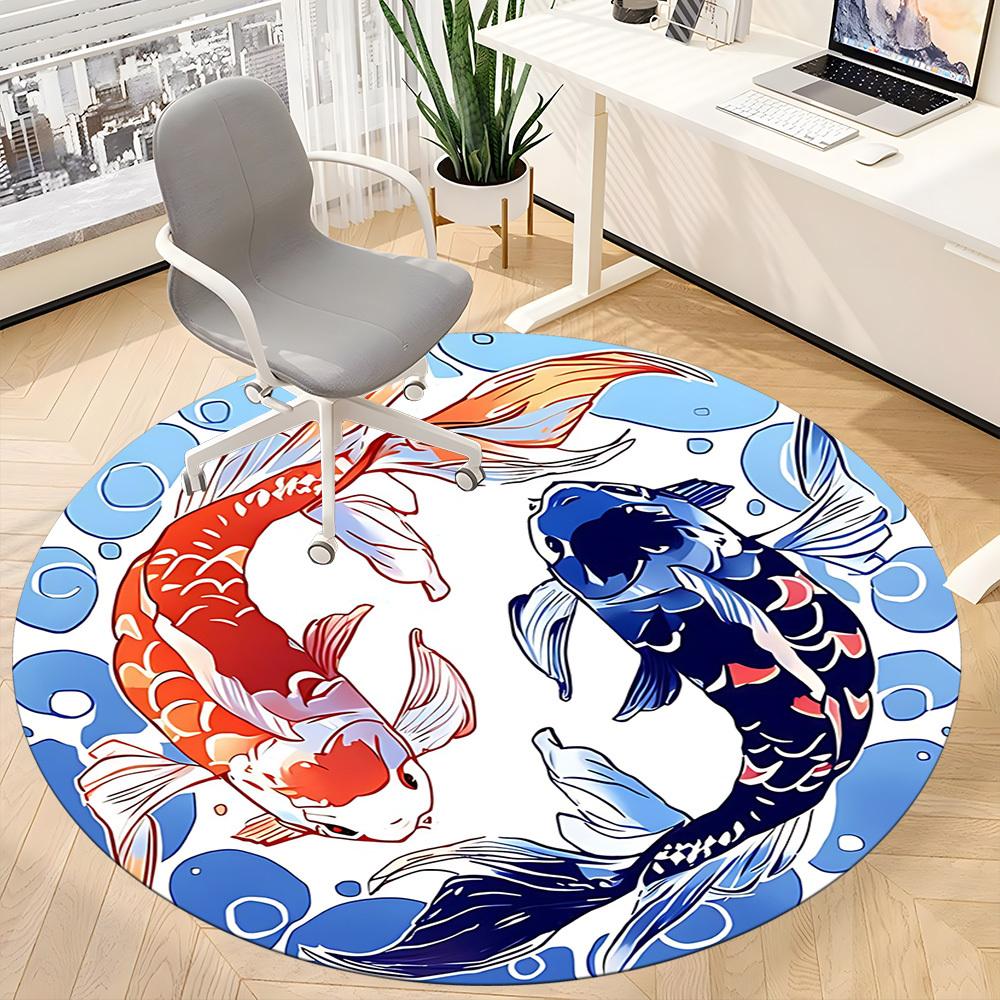 1PC Koi Fish Yin Yang Office Round Rug, Non Slip, Soft and Durable Office Rug for Interior Decoration, Perfect for Office