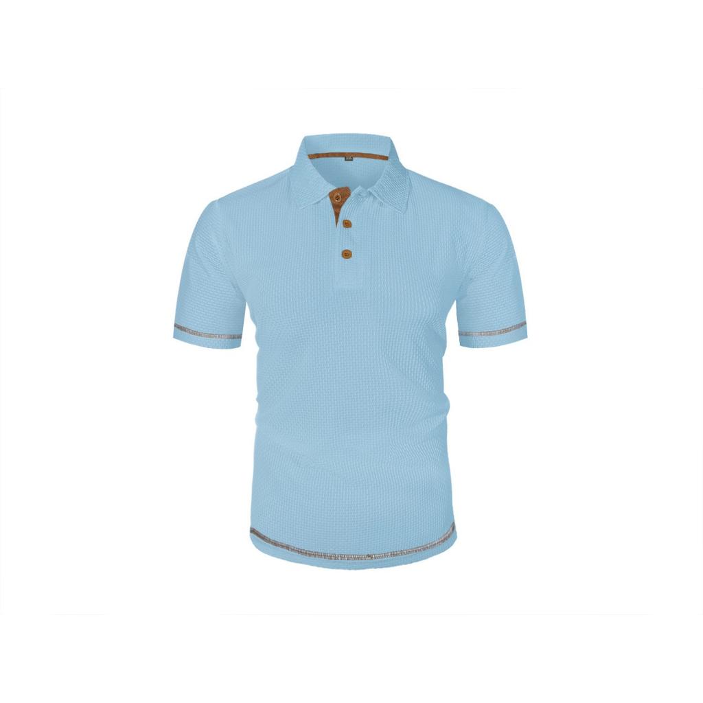Men's Summer Ice Silk Fiber Short Sleeve T-shirt - Breathable Striped Casual Top with Classic Collar and Button Details
