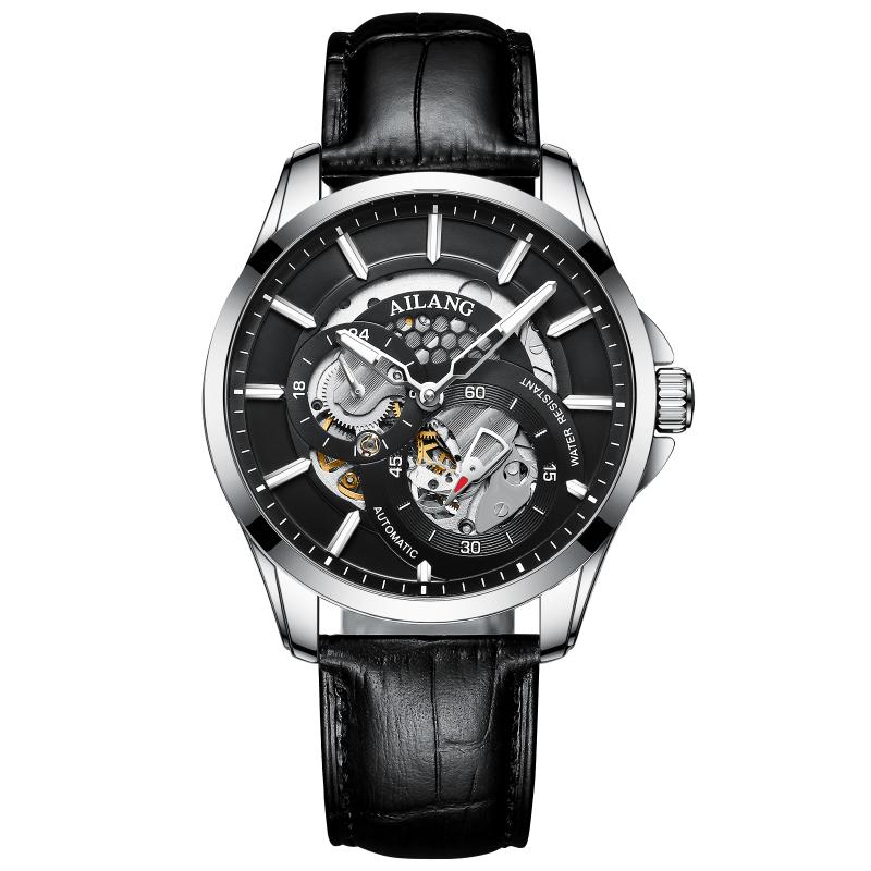 AILANG Men Automatic Mechanical Wristwatch Hollow Skeleton Dial Stainless Steel Band Business Sport Male Watch