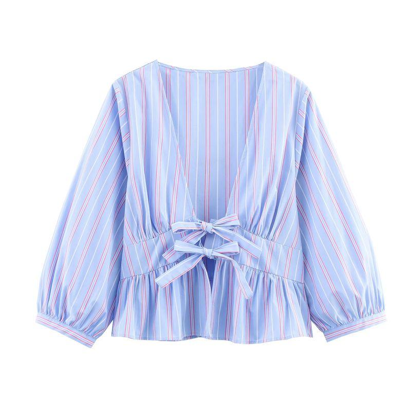 

Kaslead New Arrival Women s Fashion Style Bowknot Decoration Stripes Shirt Pants 3710338 3687338 Tops L