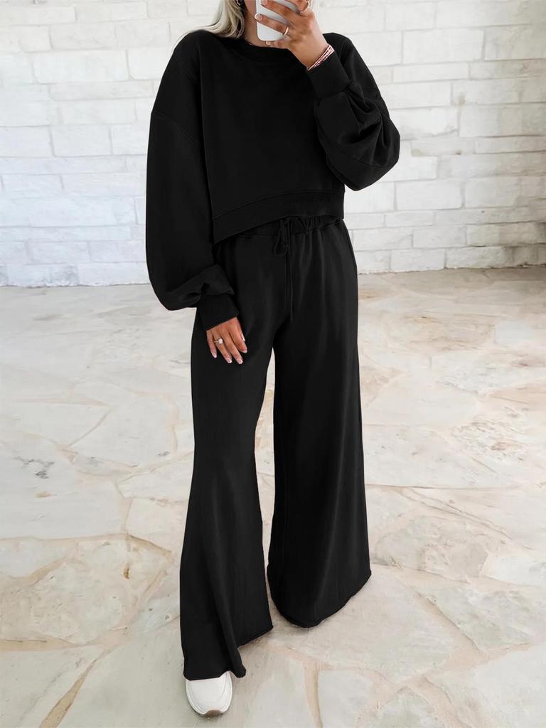 2026 Autumn/Winter Women's Drop Shoulder Bubble Sleeve Pullover & Drawstring Wide-Leg Pants Set