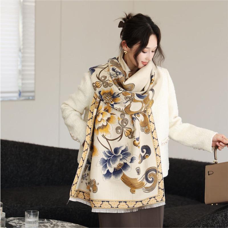 Scarf Women's Autumn and Winter New Double-sided Jacquard Scarf Versatile Auspicious Lotus Imitation Cashmere Shawl Thickened Warm Scarf