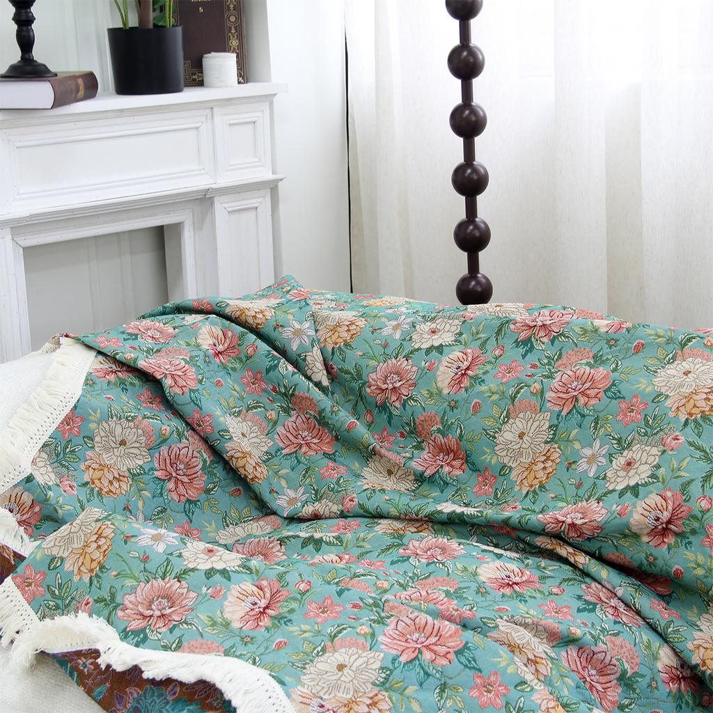 Lake Blue Jacquard Floral Sofa Cover Towel Anti-Cat Scratch Retro Festival Multifunctional Sofa Blankets Universal Sofa Cover