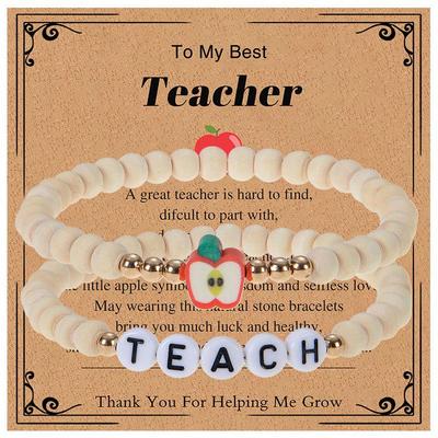 Graduation Season Teacher Appreciation Bracelet with Natural Wood Beads and Apple Charm