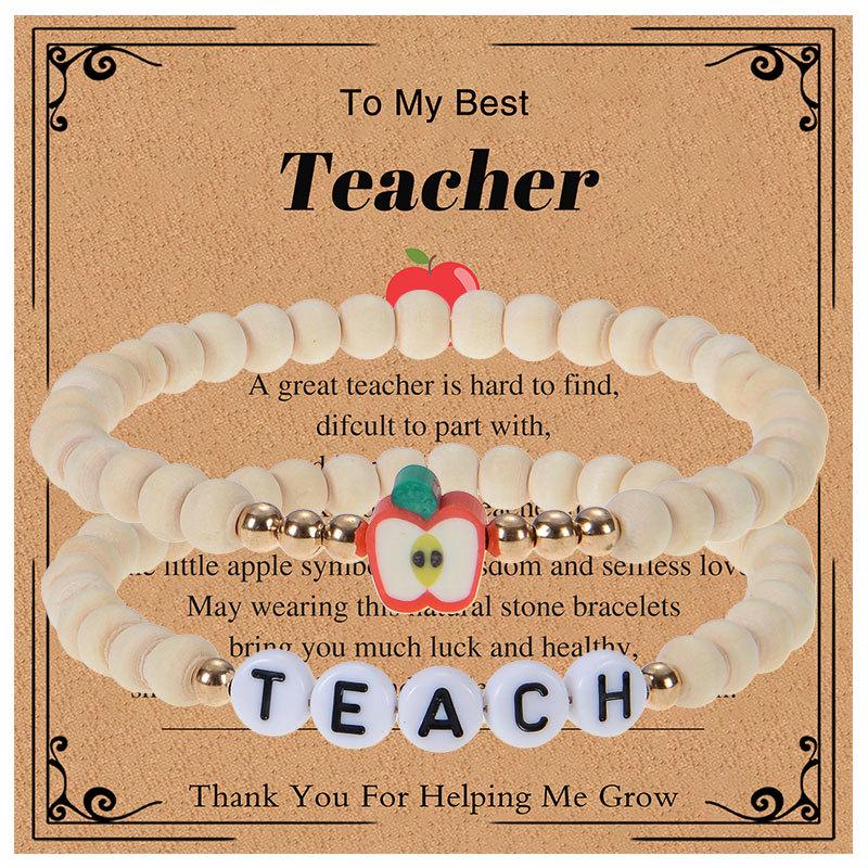 

Graduation Season Teacher Appreciation Bracelet with Natural Wood Beads and Apple Charm