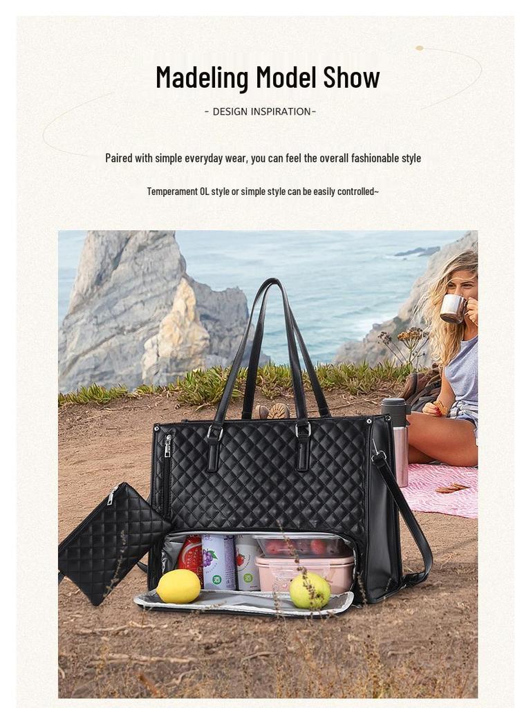 High-Quality Insulated Black Diamond Lattice Lunch Bag, Handbag, and Crossbody Tote
