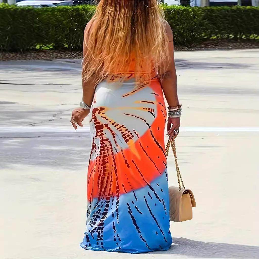 2026 European and American Cross-border Amazon New Wish Summer Loose Women's Temperament Large Size Printing Tie-dye Dress