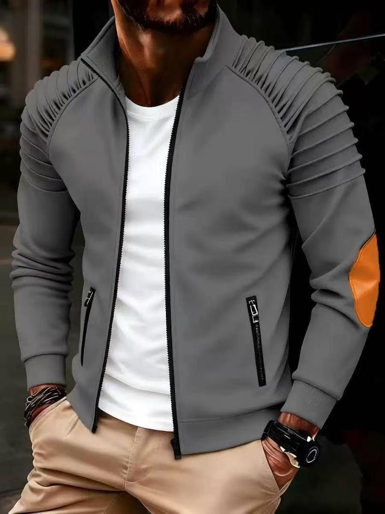 European Men's Stand-up Collar Zipper Jacket with Arm Pleats - High-Quality Casual Spring/Autumn Coat