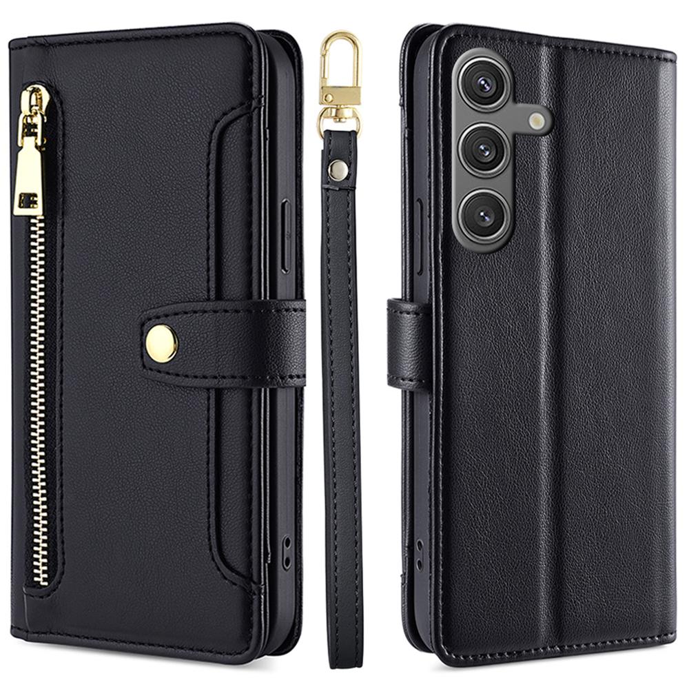 For Samsung Galaxy S24 Case Magnetic Drop-proof Cover Leather Stand Cover with 2 Straps