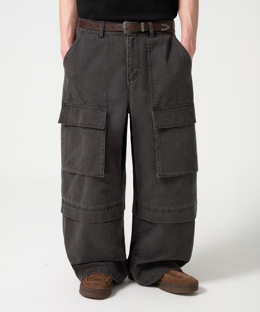 TRILLION Stone Washed Cargo Pocket Cotton Pants_Black