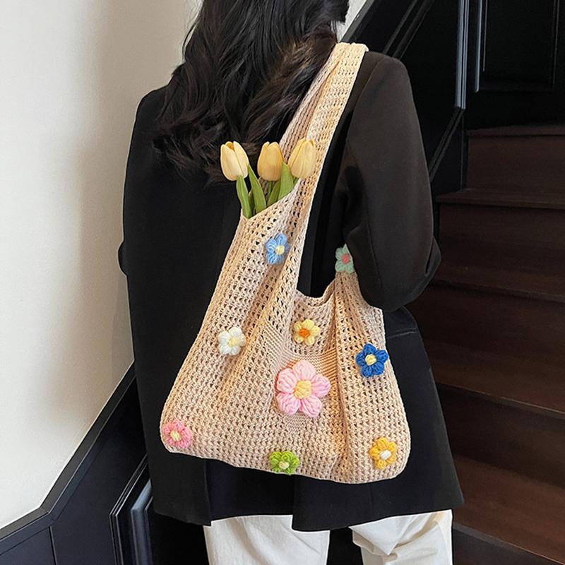 Crochet Mesh Beach Toted Bag,Bohemian Vacation Handbags Aesthetic Knit Shoulder Bag for Women Travel Bag KTB