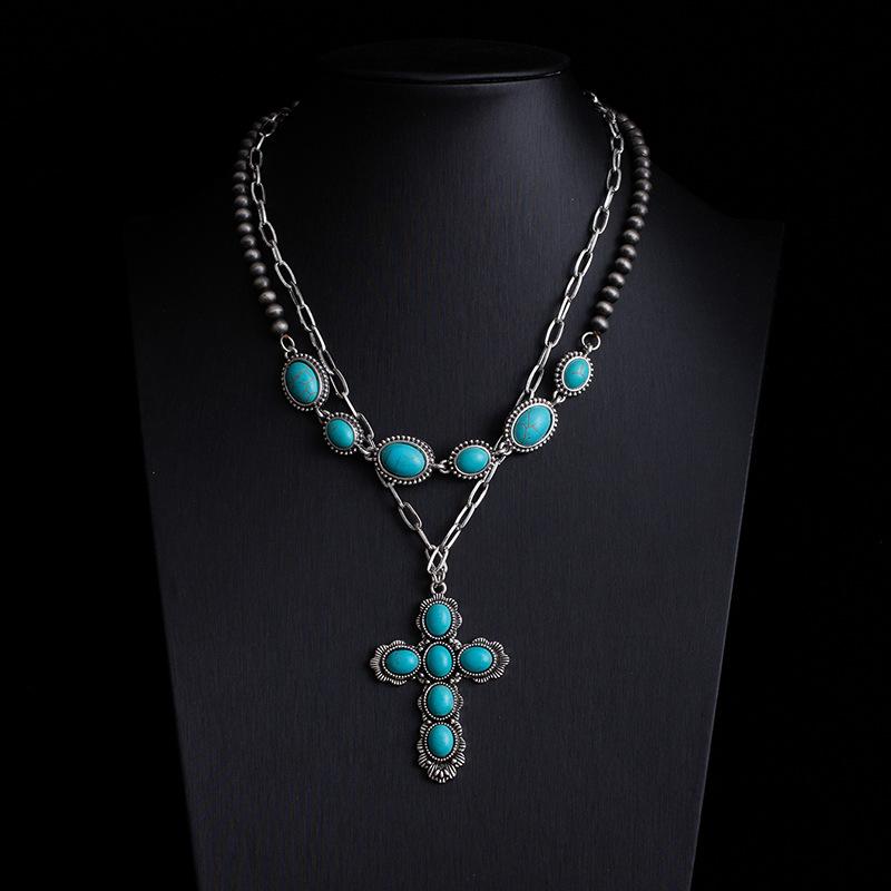 Bohemian Retro Ethnic Style Turquoise Necklace Female Western Denim Style Multi-Layered Wearing High-End Sweater Chain