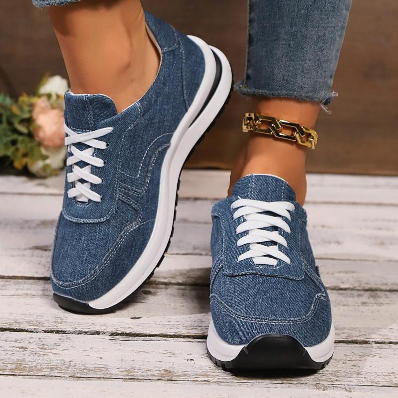 Fashion Blue Denim Platform Sneakers Women Fashion Thick Sole Lace Up Sports Shoes Woman Plus Size 43 Comfortable Casual Female Sneakers