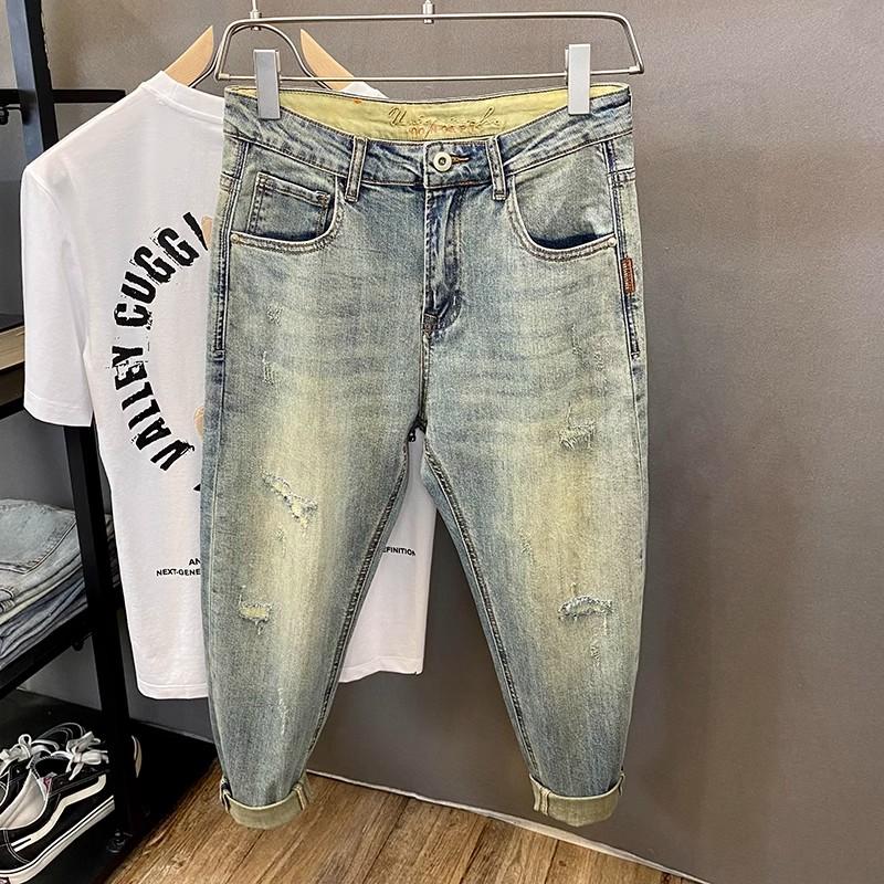 

Светлые джинсы для мужчин 2025 весна/лето новый тренд ретро винтаж гарем зауженные брюки стрейч облегающие укороченные брюки 36 синий