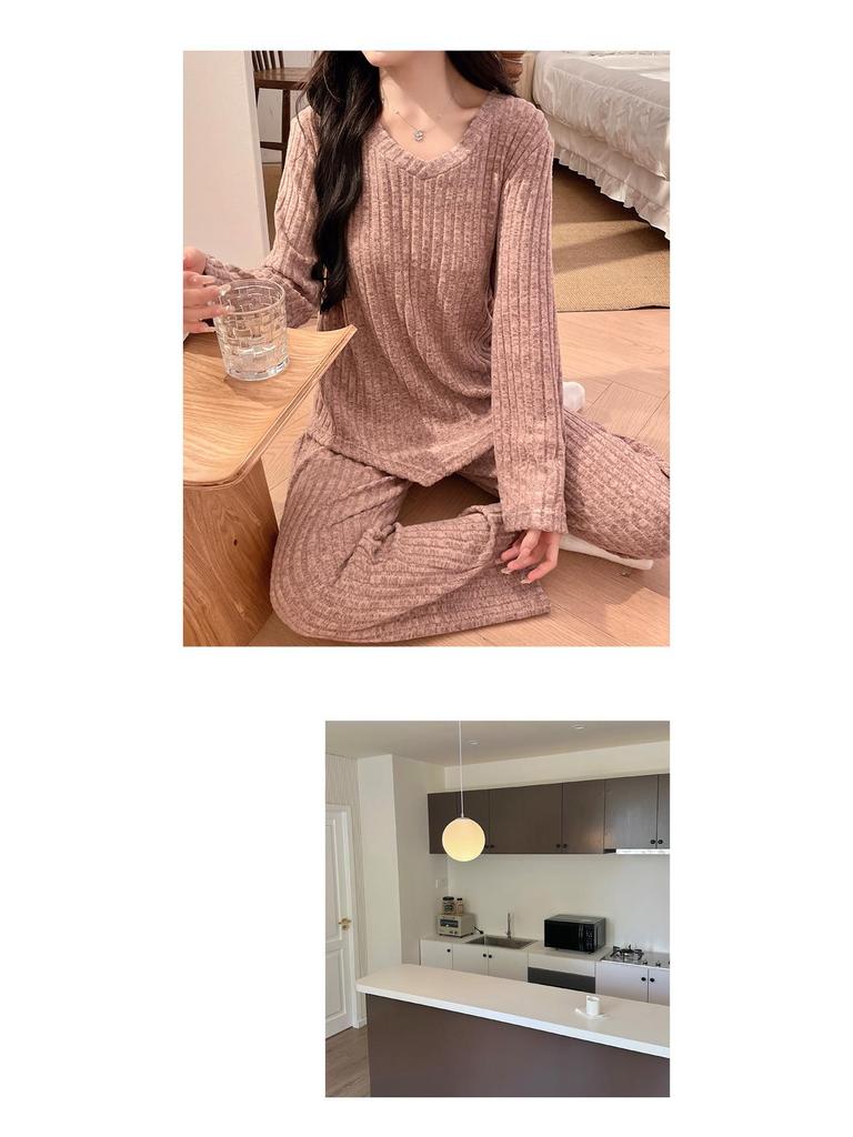 2025 Korean Women's Pajamas with Bra Pads: Knitted Long Sleeve & Pants, Plus Size, for Spring, Autumn, Winter