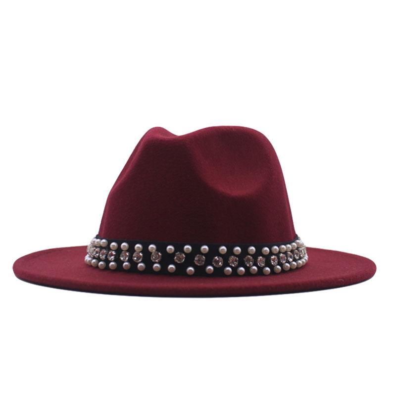 European and American Style Spring and Autumn Winter Imitation Felt Big Edge Hat British Retro Woolen Top Hat Women's Pearl Rhinestone Ribbon Jazz Hat