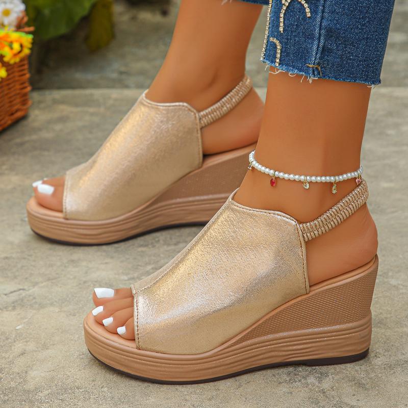 Casual Gold Thick Bottom Wedge Heel Sandals Women 2025 Summer Round Toe Chunky Platform Sandals Bohemia Soft Sole Beach Shoes